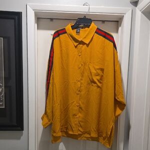 Miss Lili Mustard Button Down Shirt with Striped Sleeves